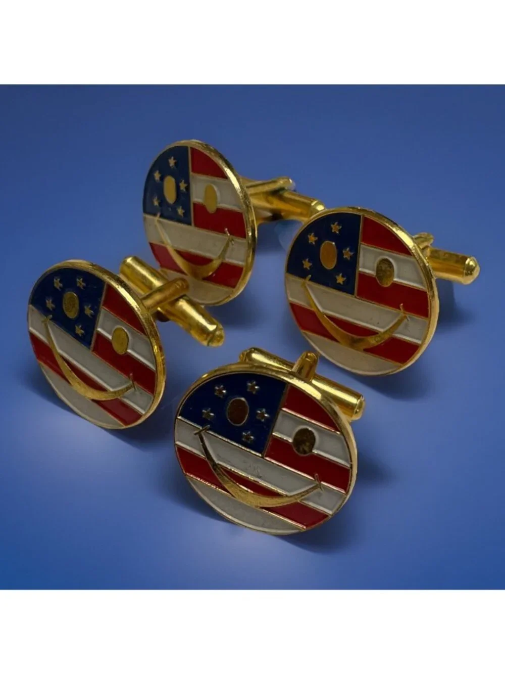 2 Vtg Signed T. Dubois Patriotic Smile Face USA Mens Cufflinks Enamel Flag Lot